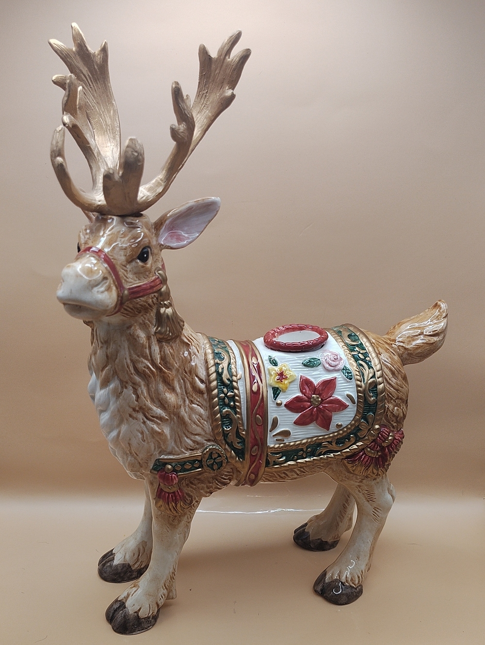 Vintage Fitz & Floyd Father Christmas Holiday Reindeer Ceramic Candle Holder 12"